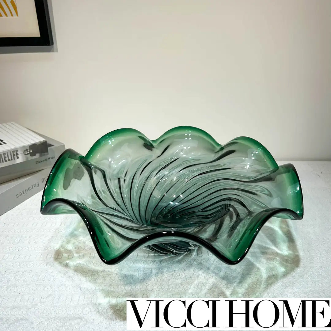 Sand Blowing Handcrafted Emerald Glass Fruit Plate – Sandblasted Finish