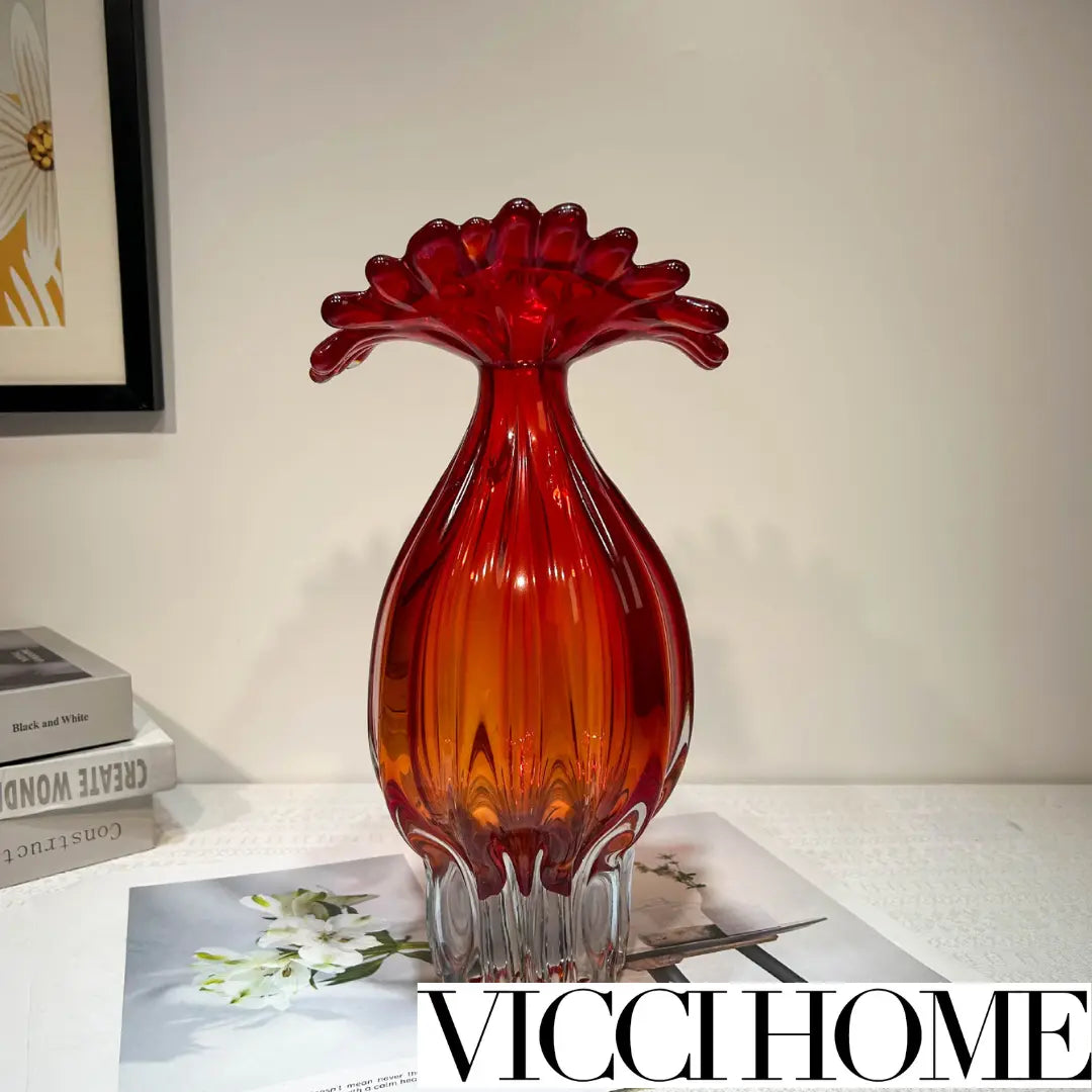 Handmade Sand Blowing Glass Crystal Vase – Heavy Red Cockscomb