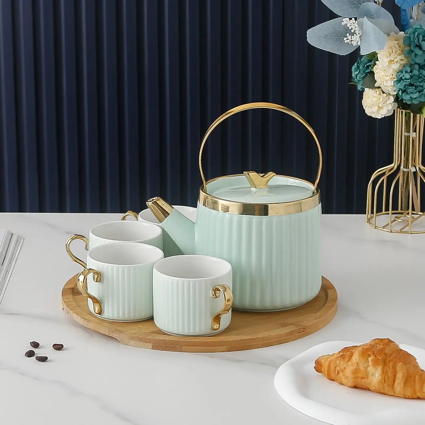 Luxury Coffee Tea Set 4 Cups 1 Kettle with Wood Stand (green)