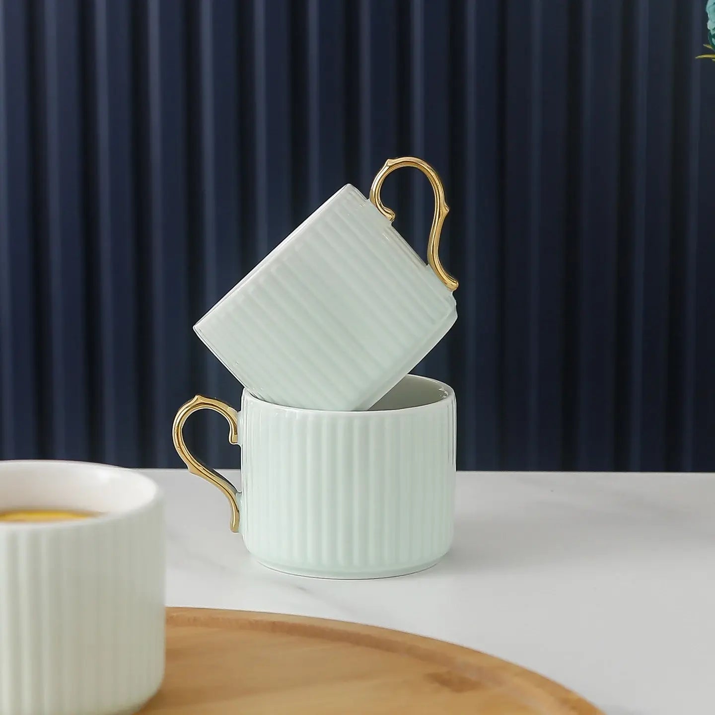 Luxury Coffee Tea Set 4 Cups 1 Kettle with Wood Stand (green)