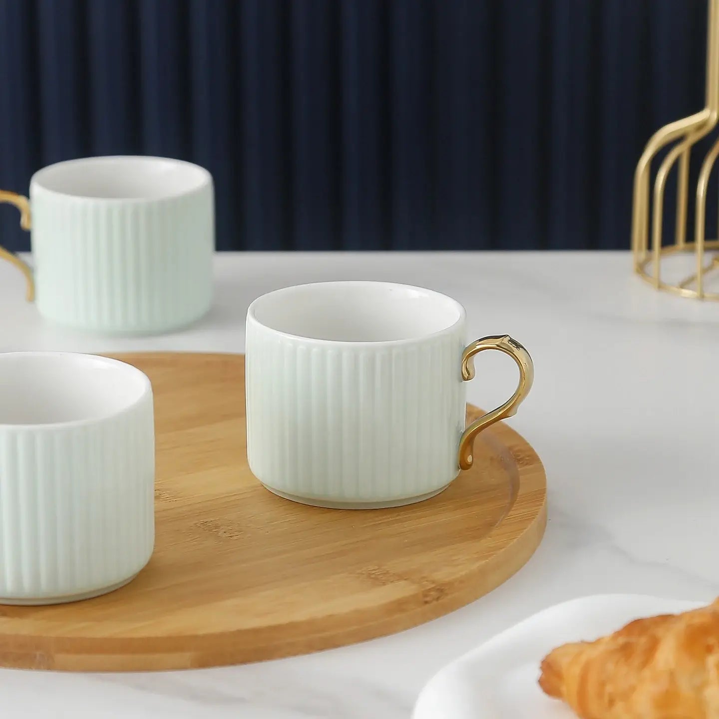 Luxury Coffee Tea Set 4 Cups 1 Kettle with Wood Stand (green)