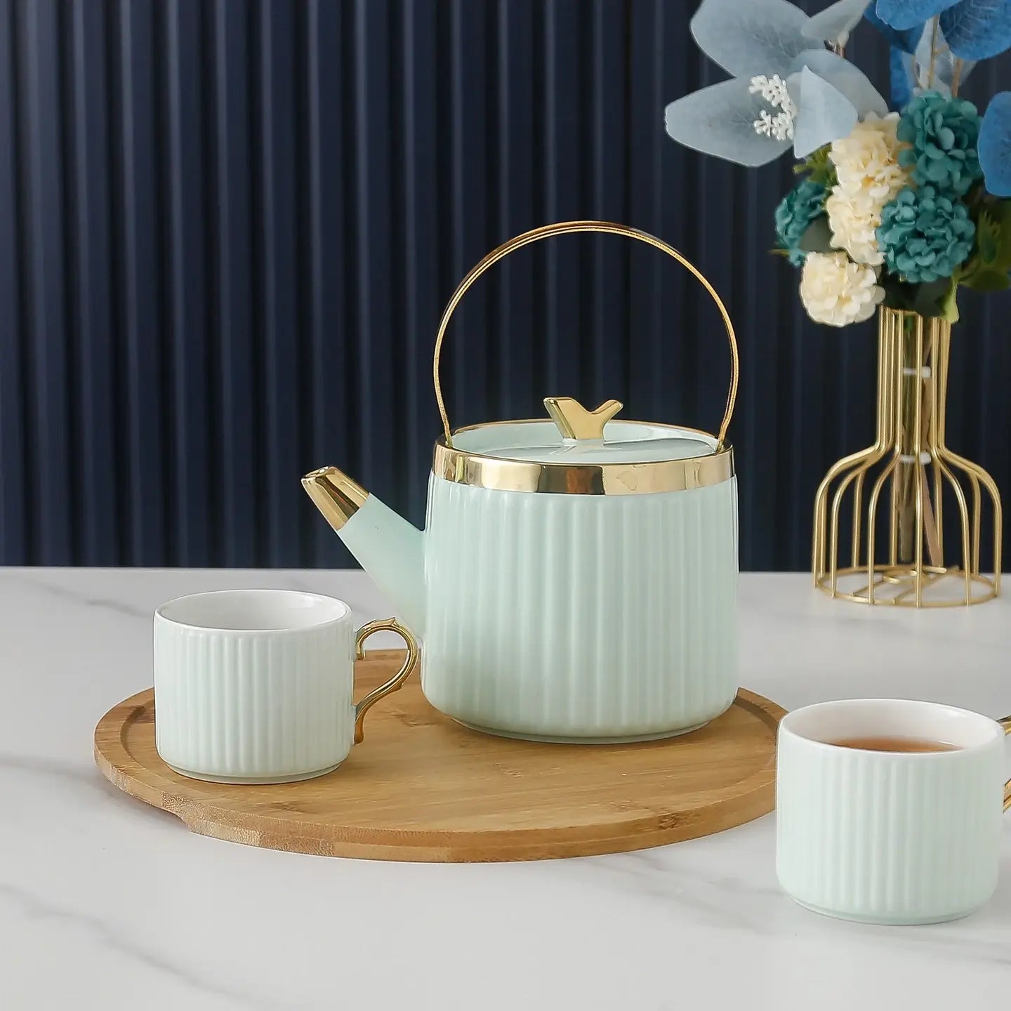 Luxury Coffee Tea Set 4 Cups 1 Kettle with Wood Stand (green)