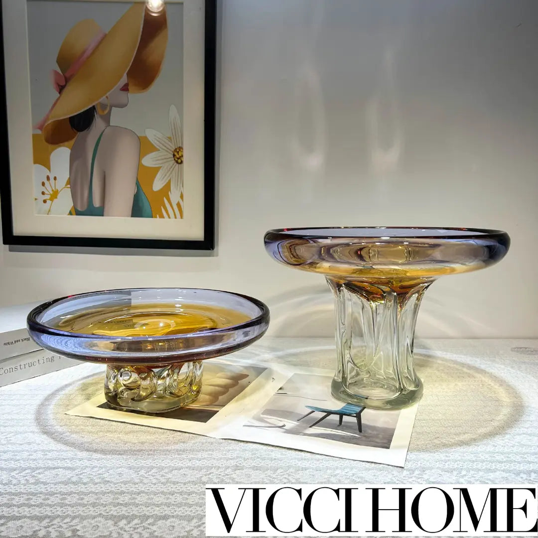 Sand Blowing Light Luxury Hollow Craft Glass Vase & Handmade Fruit Plate – High-End Elegance