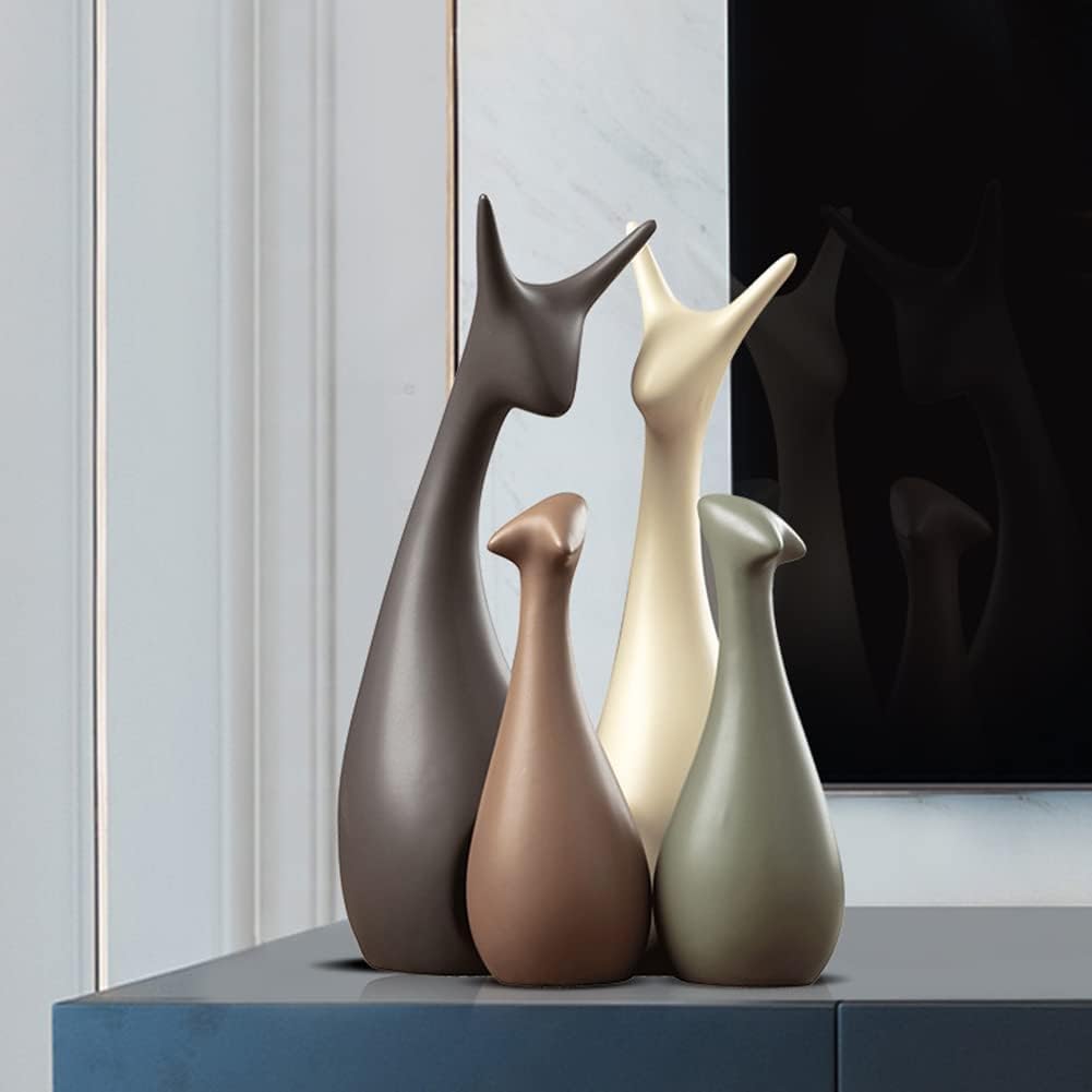 زينة خزفية على شكل غزال حيواني، أربعة تماثيل فنية منزلية مصنوعة من الخزف (عائلة غزال مكونة من أربعة أفراد)