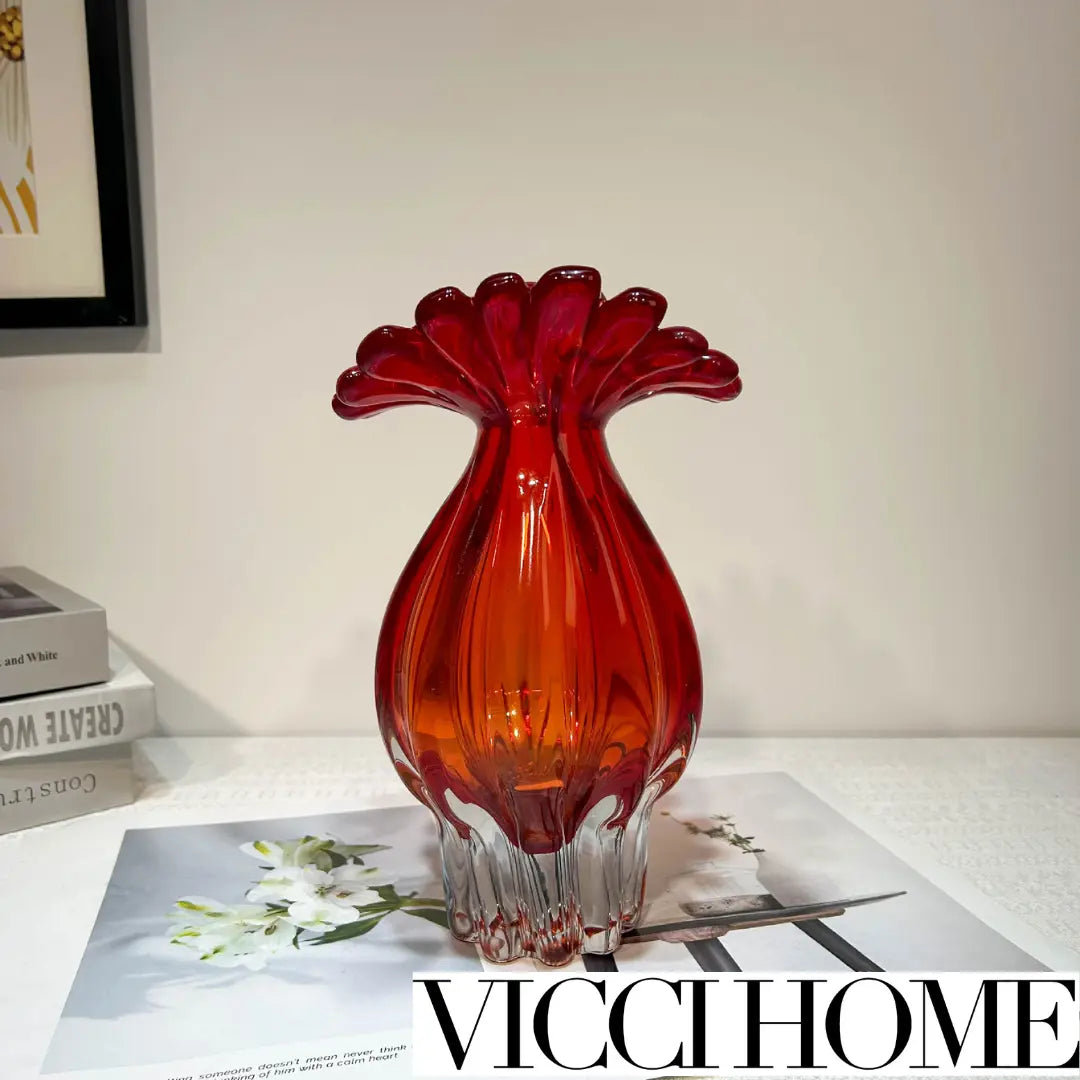 Handmade Sand Blowing Glass Crystal Vase – Heavy Red Cockscomb