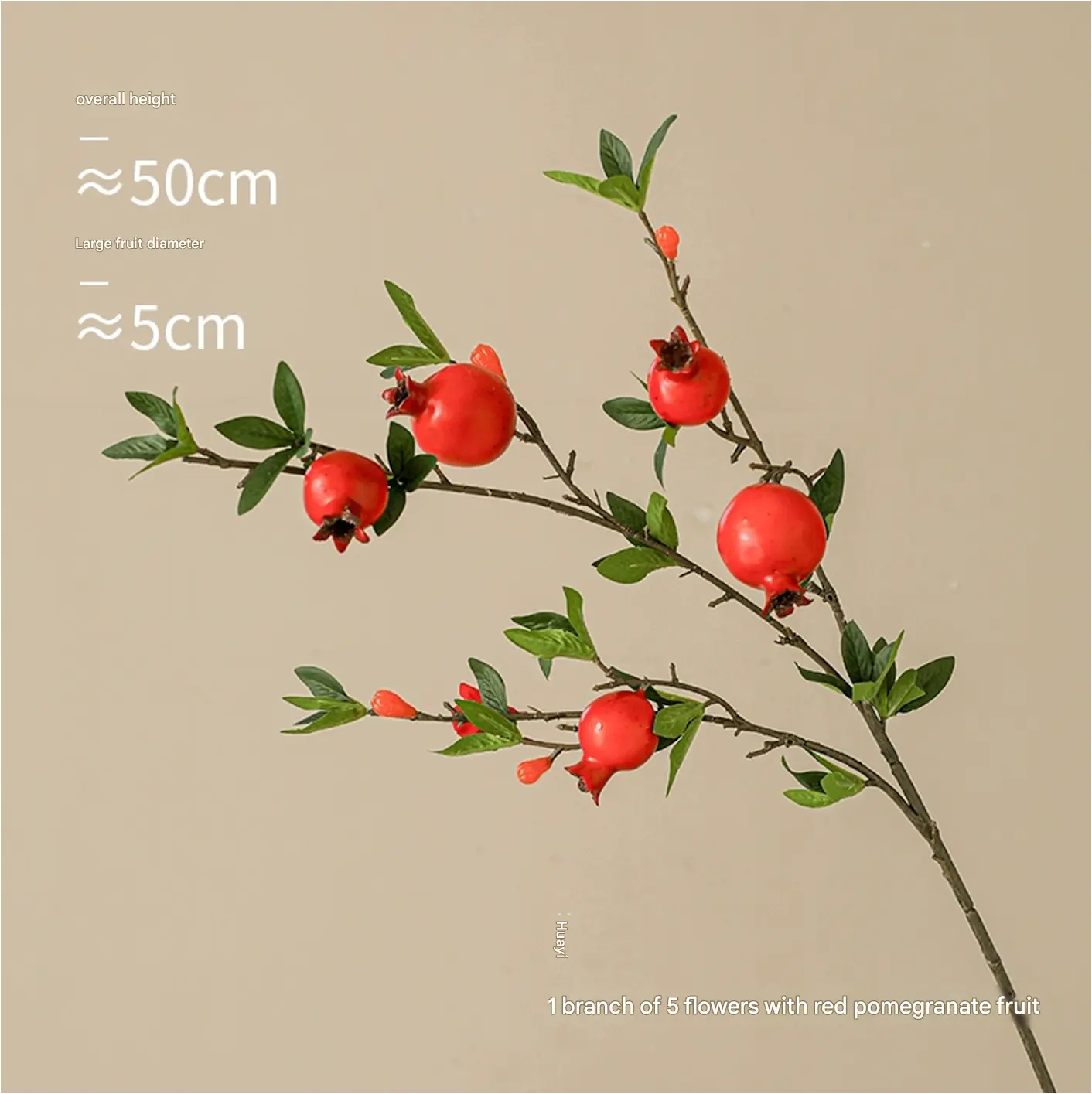 1 Branch of 5 Flowers with Red Pomegranate Fruit 88 CM