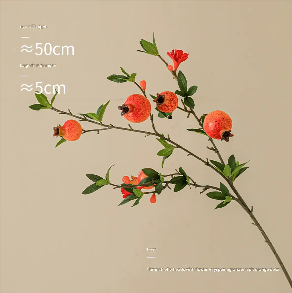 1 Branch of 5 Flowers with Red Pomegranate Fruit 88 CM