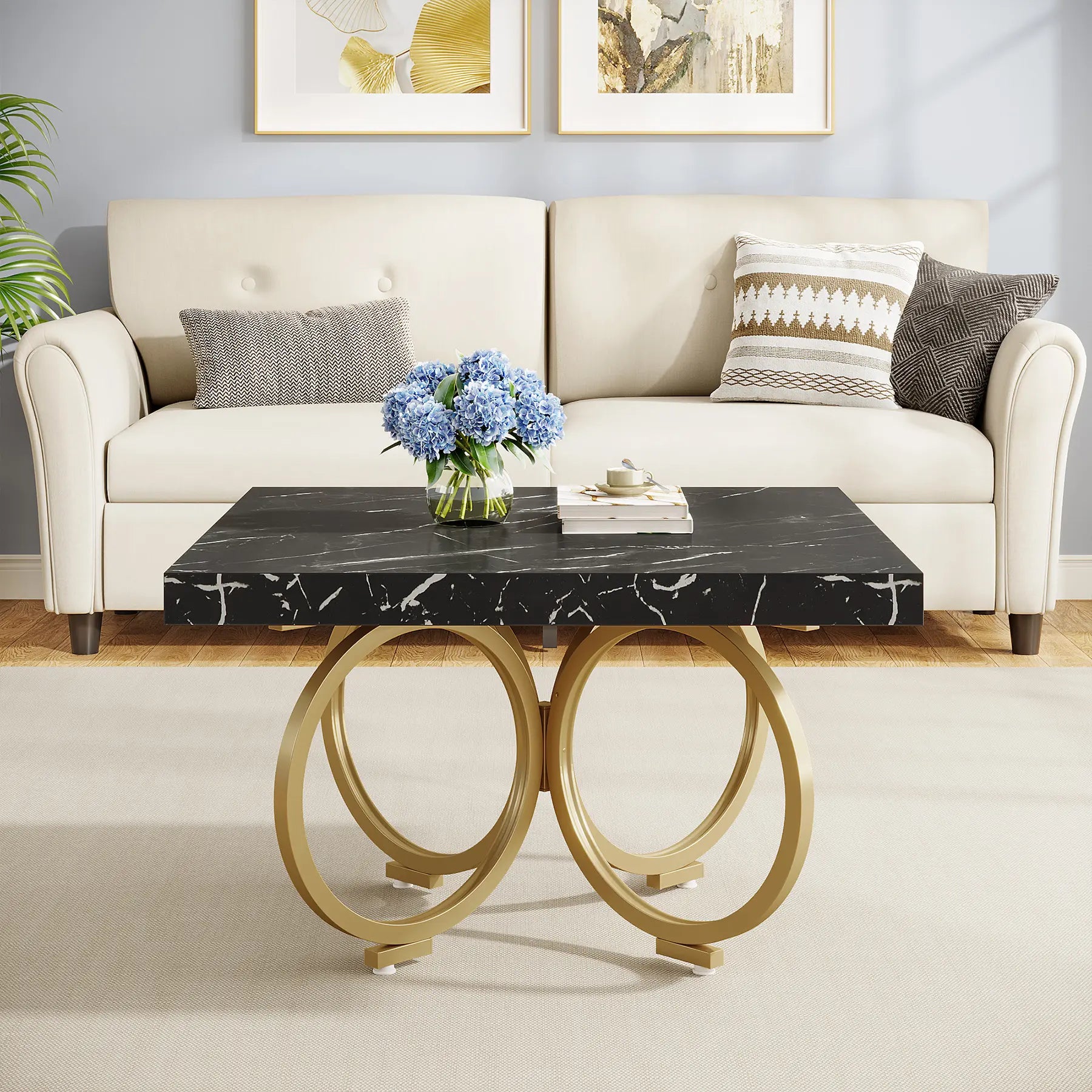 Modern Style Accent Luxury Wooden 80cm square Black Coffee Table With Faux Marble Top for Living Room Home Furniture