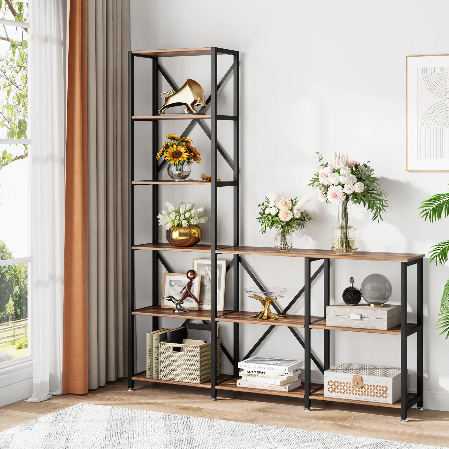 L-Shaped Stepped Bookshelf Bookcase 6 Tier Display Rack With 9 Open Shelves