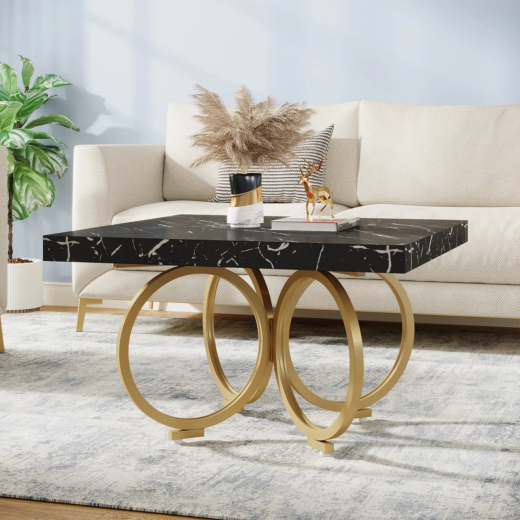 Modern Style Accent Luxury Wooden 80cm square Black Coffee Table With Faux Marble Top for Living Room Home Furniture