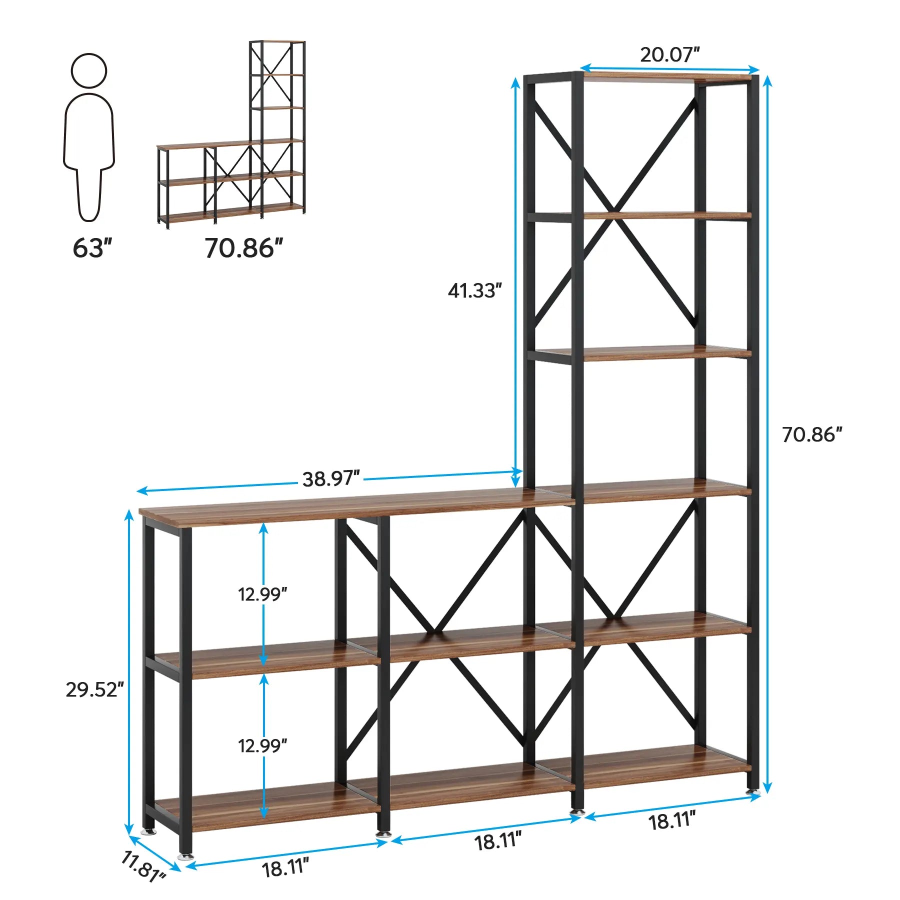 L-Shaped Stepped Bookshelf Bookcase 6 Tier Display Rack With 9 Open Shelves