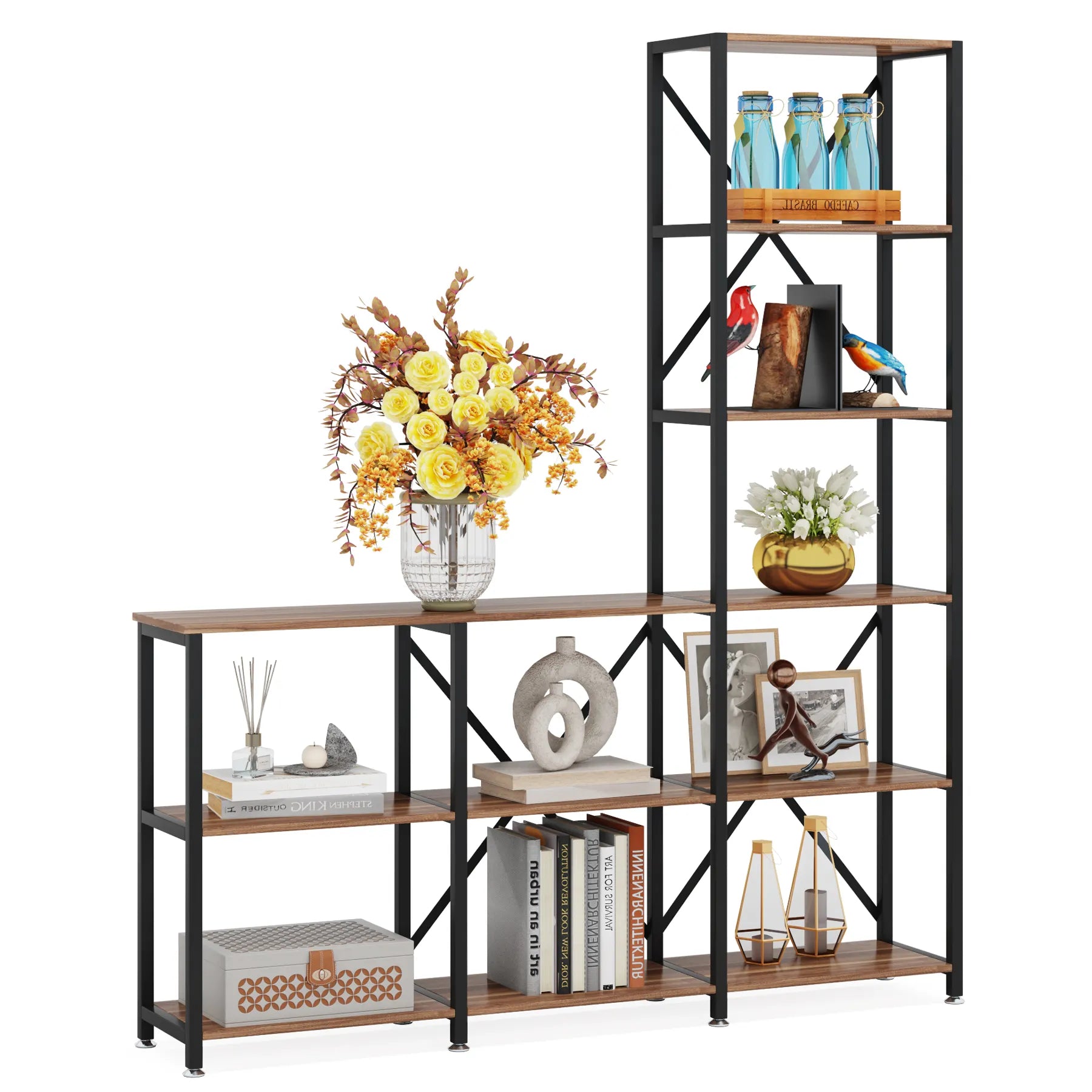 L-Shaped Stepped Bookshelf Bookcase 6 Tier Display Rack With 9 Open Shelves