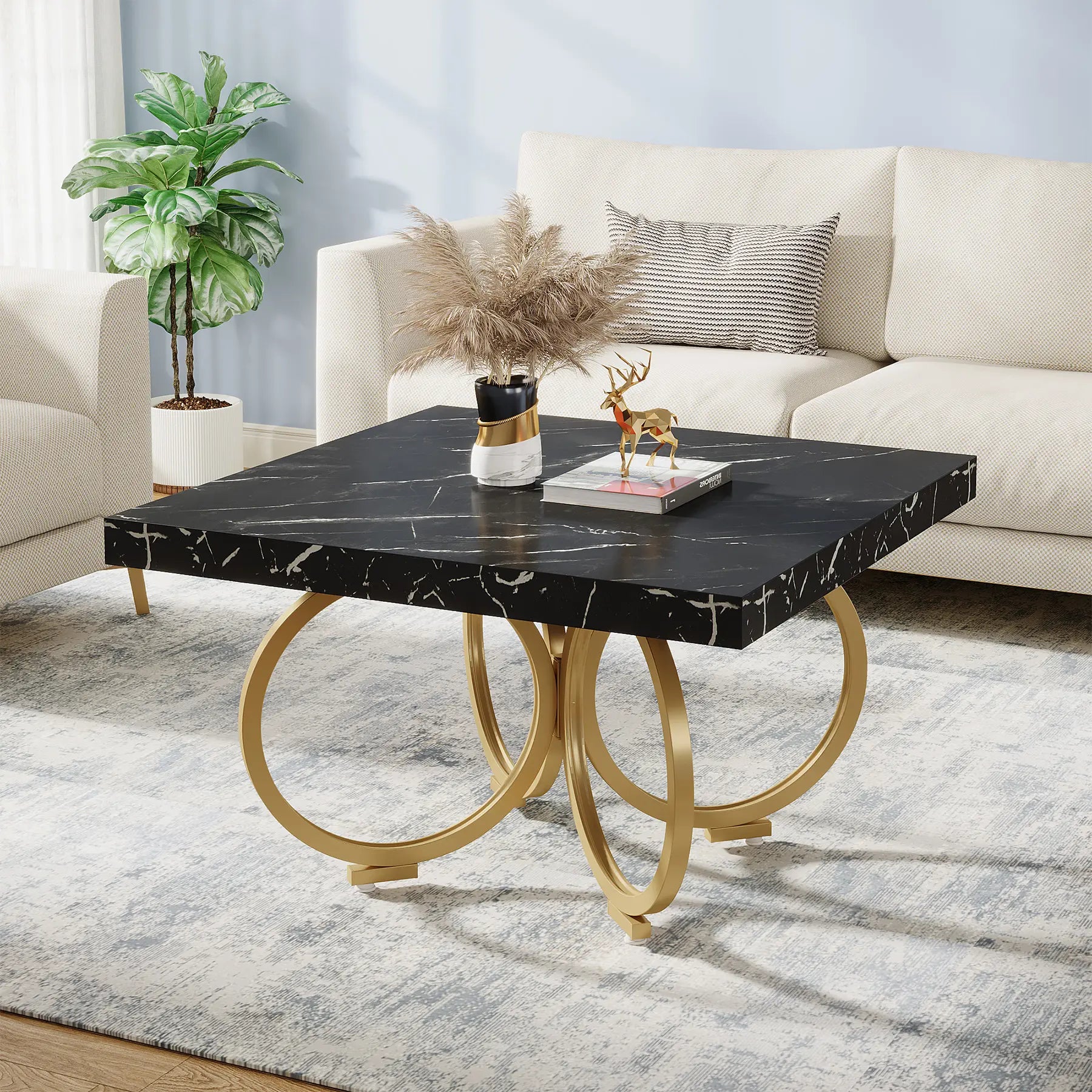 Modern Style Accent Luxury Wooden 80cm square Black Coffee Table With Faux Marble Top for Living Room Home Furniture
