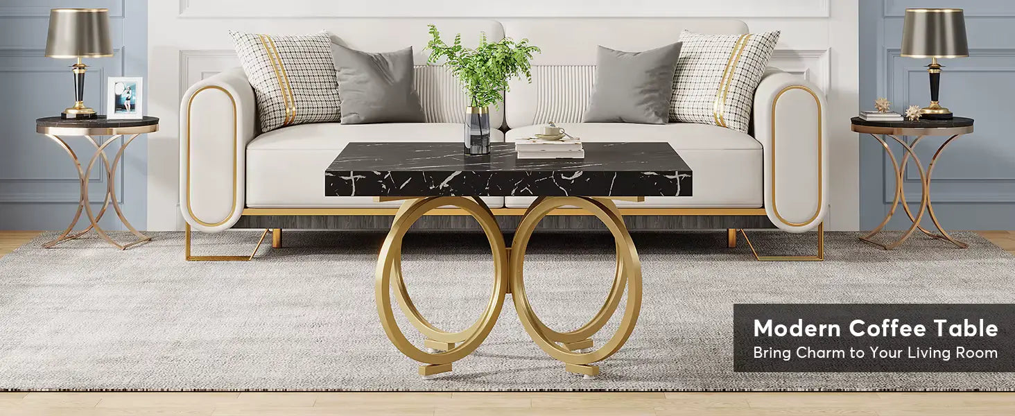 Modern Style Accent Luxury Wooden 80cm square Black Coffee Table With Faux Marble Top for Living Room Home Furniture