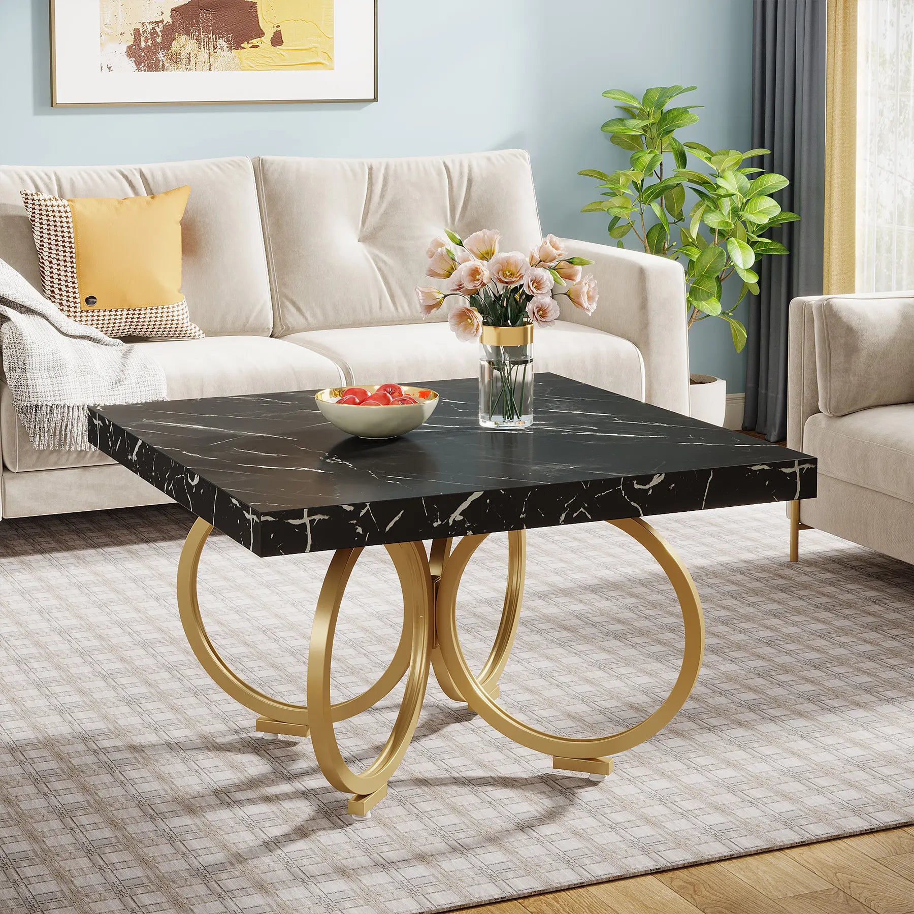 Modern Style Accent Luxury Wooden 80cm square Black Coffee Table With Faux Marble Top for Living Room Home Furniture