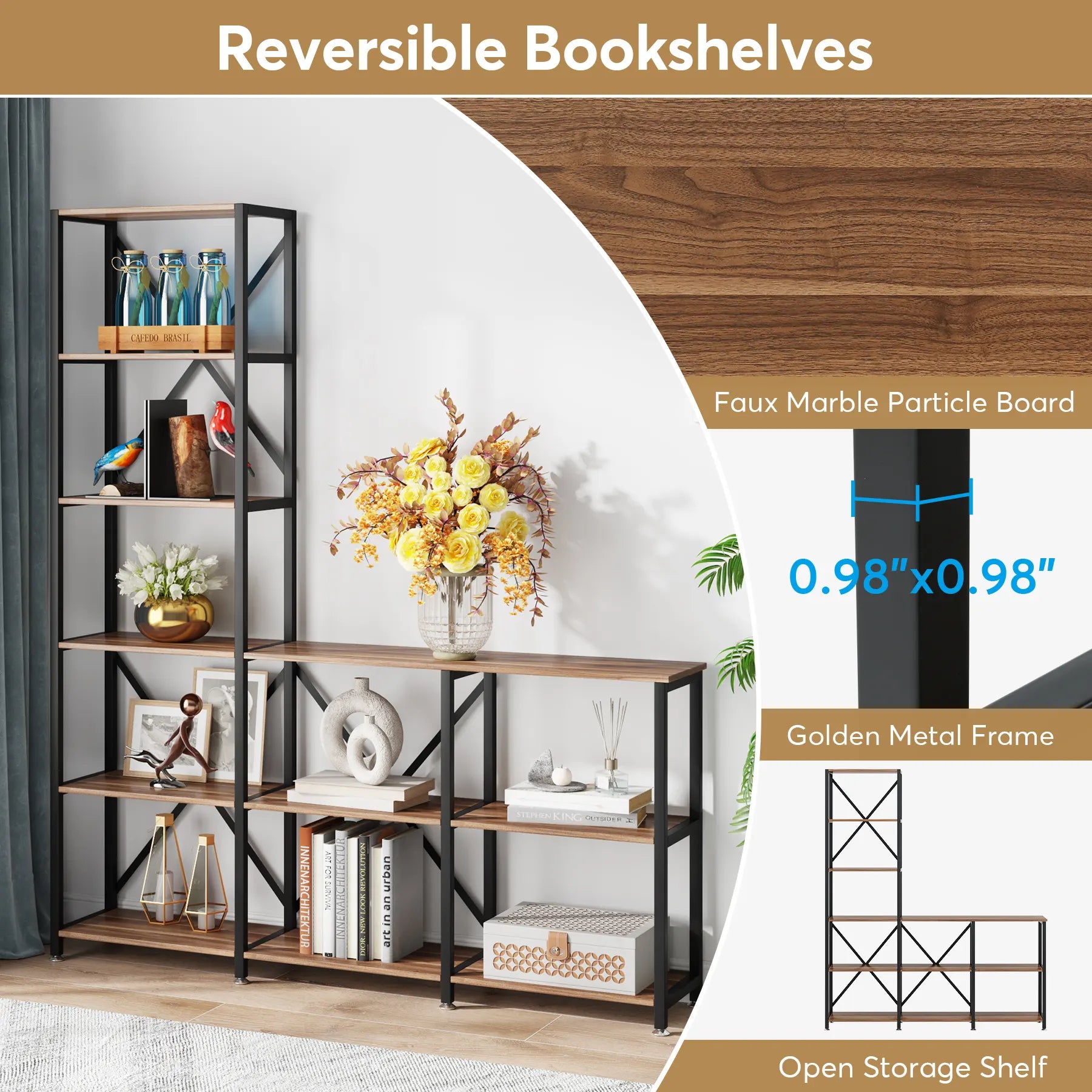 L-Shaped Stepped Bookshelf Bookcase 6 Tier Display Rack With 9 Open Shelves