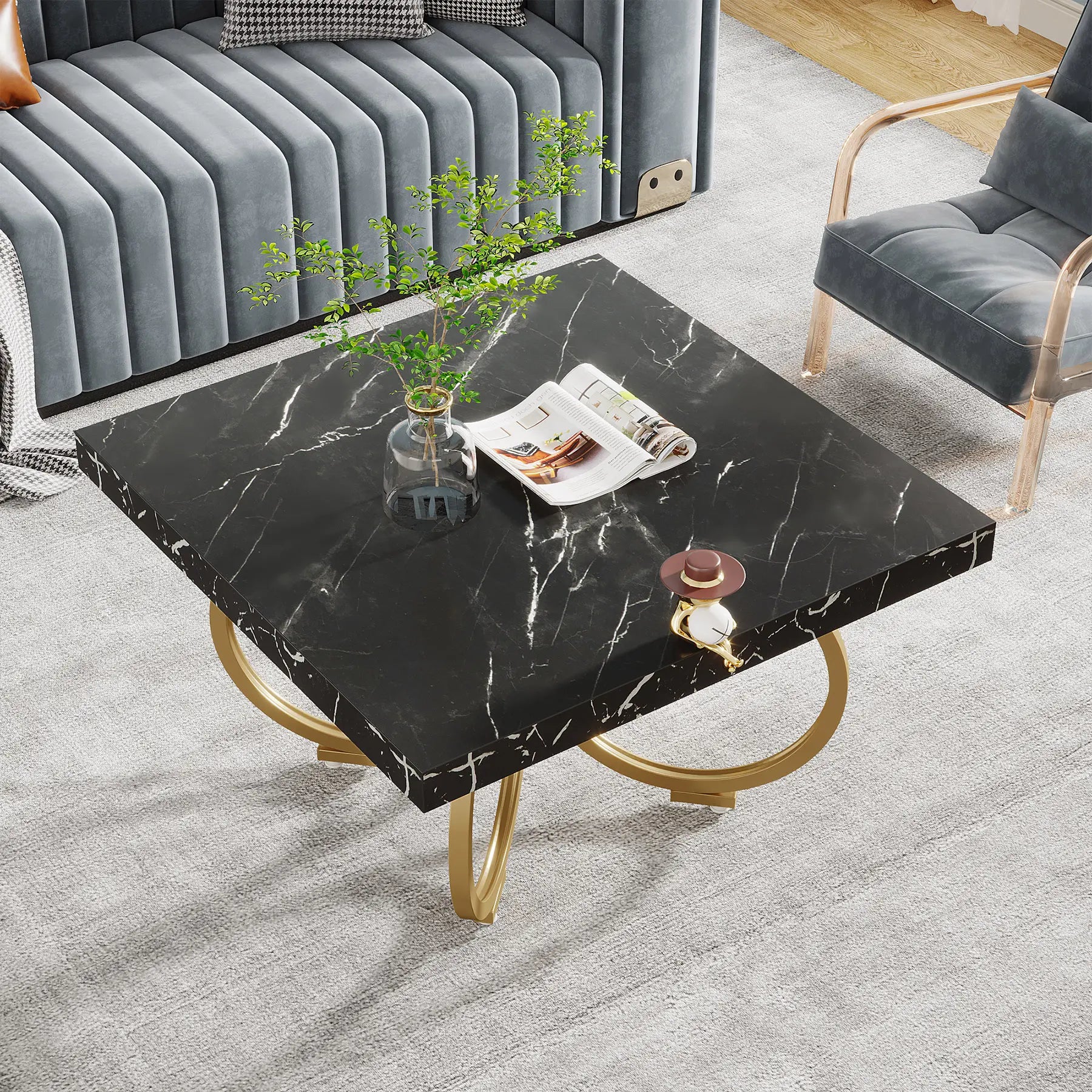 Modern Style Accent Luxury Wooden 80cm square Black Coffee Table With Faux Marble Top for Living Room Home Furniture