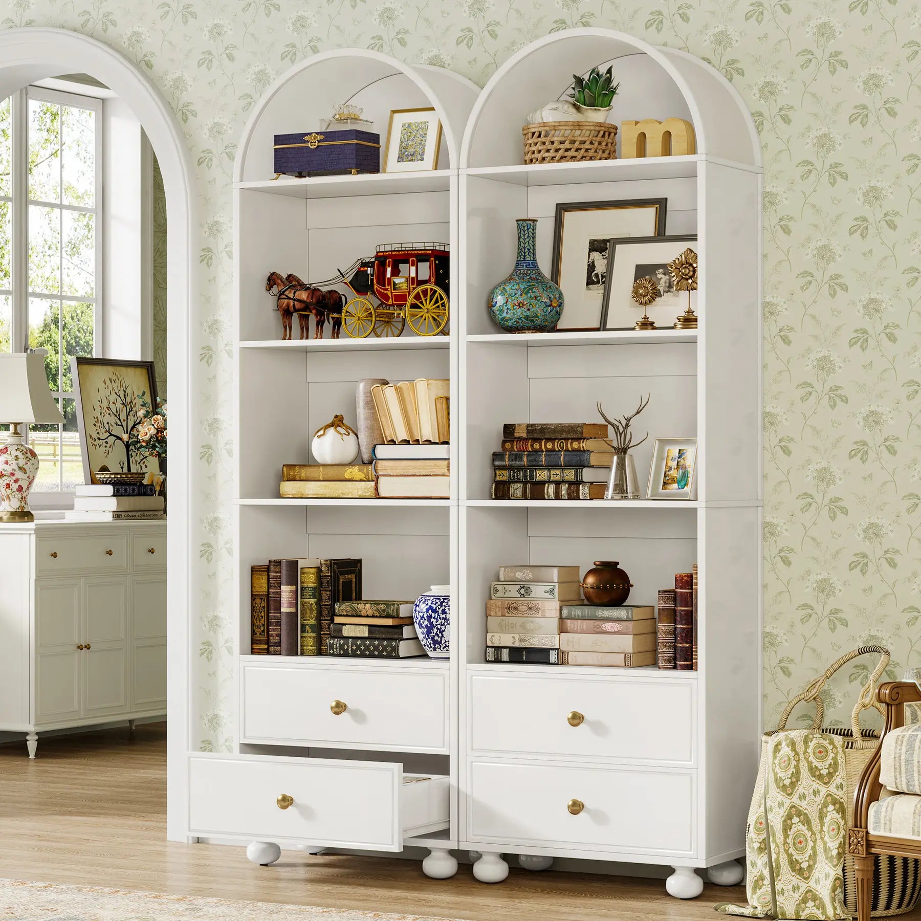 Modern Home Furniture Multi-functional Minimalist White Open 4 Tier Wood Display Shelves With 2 Storage Drawers