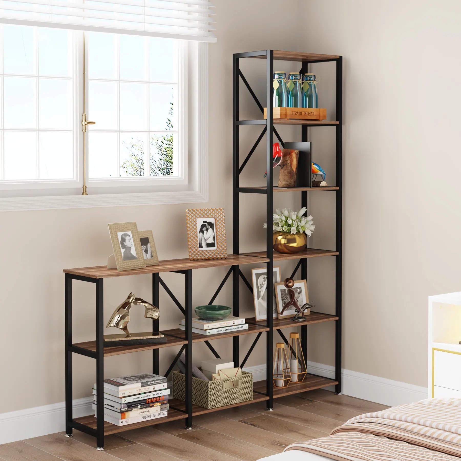 L-Shaped Stepped Bookshelf Bookcase 6 Tier Display Rack With 9 Open Shelves