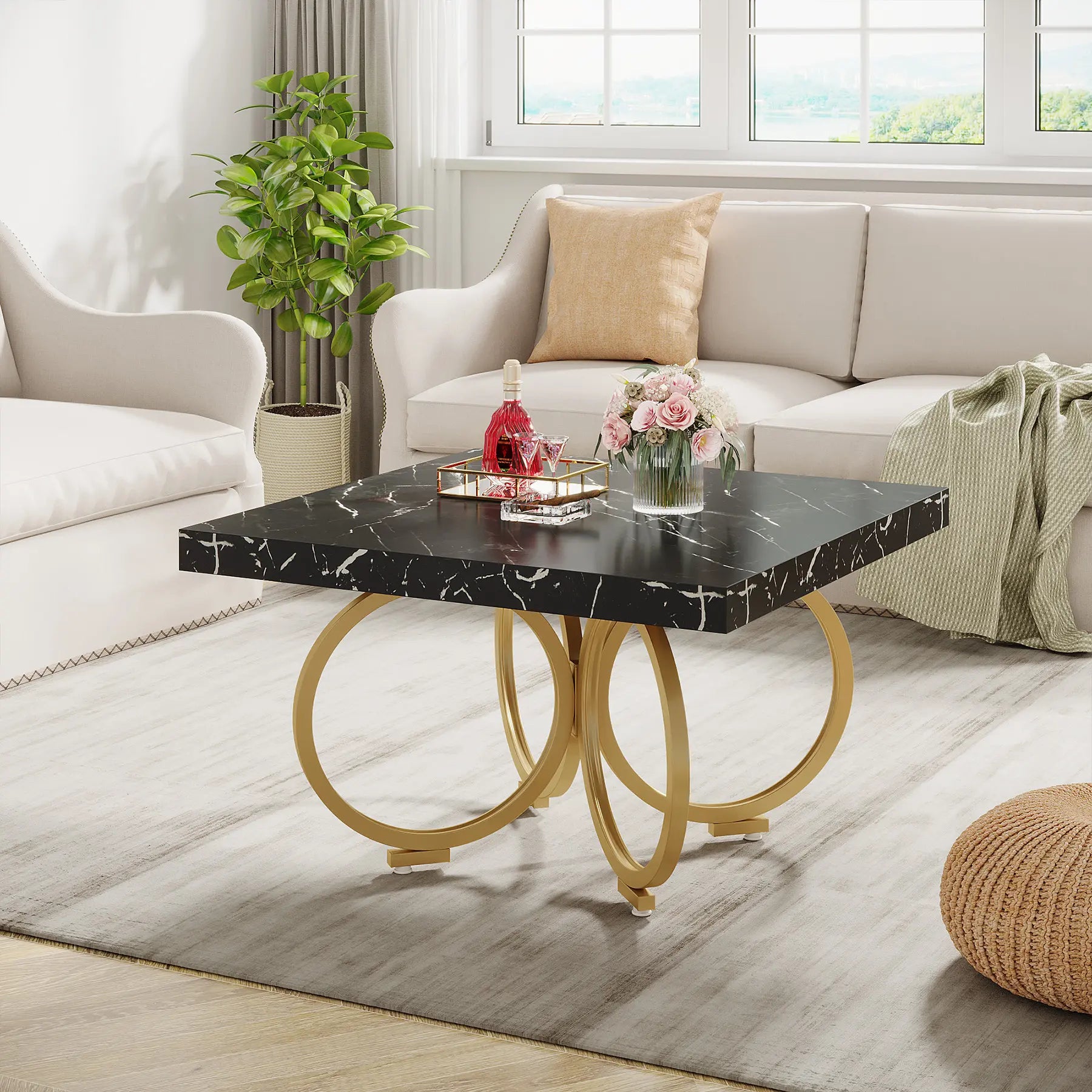 Modern Style Accent Luxury Wooden 80cm square Black Coffee Table With Faux Marble Top for Living Room Home Furniture