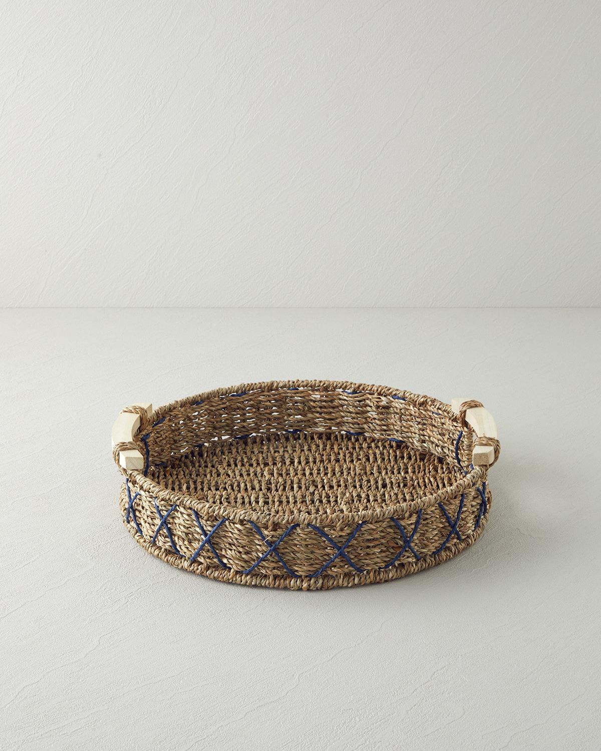 Eden Grace - Round Hand Woven Wicker Trays with Ear Handles - Faux Paper Twisted Weave, Natural Mix White