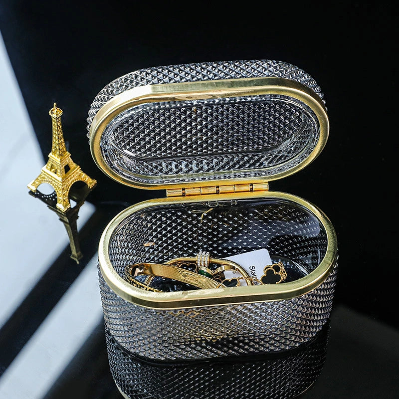 Jewelry Display Embossed Transparent Glass Storage Box – Dust-Proof Lid