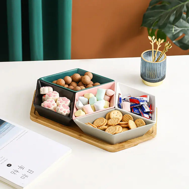 Creative Shaped Ceramic Snack Plate with Bamboo Plate