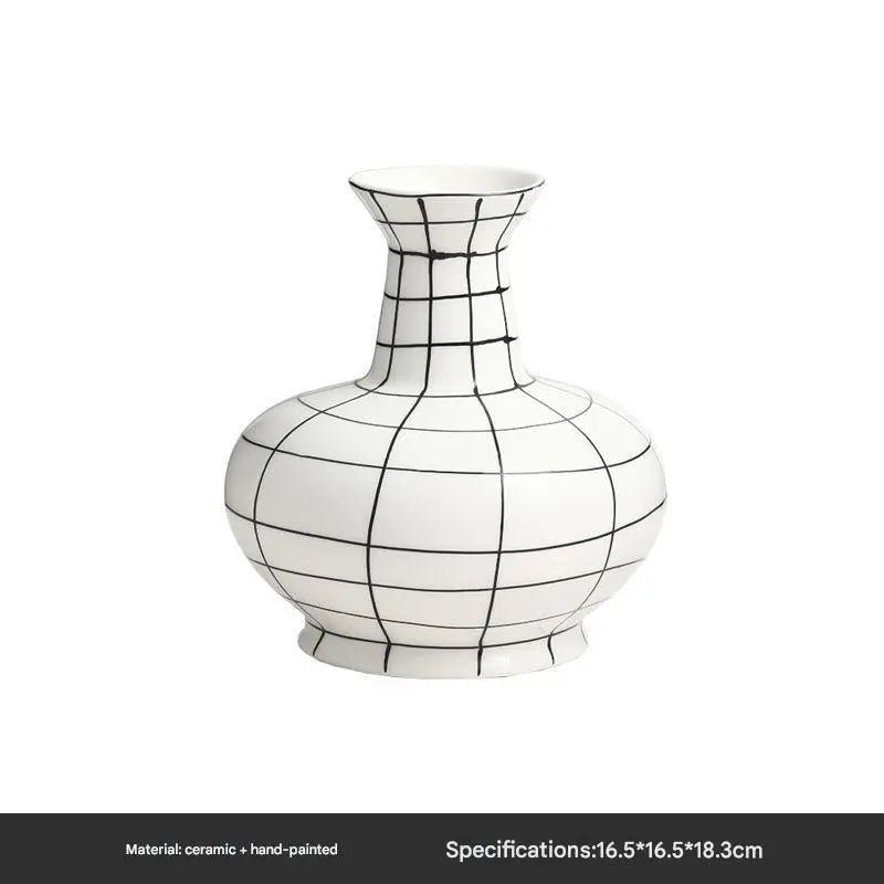 Hand-Painted Grid Vase – Geometric Line Design for Modern Interiors