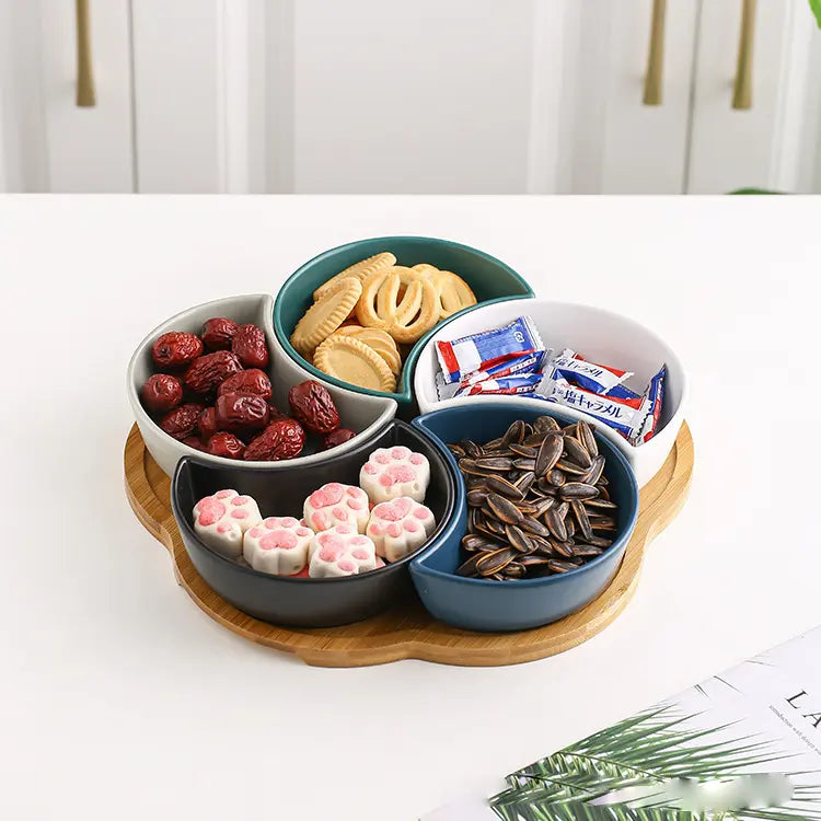 Creative Shaped Ceramic Snack Plate with Bamboo Plate