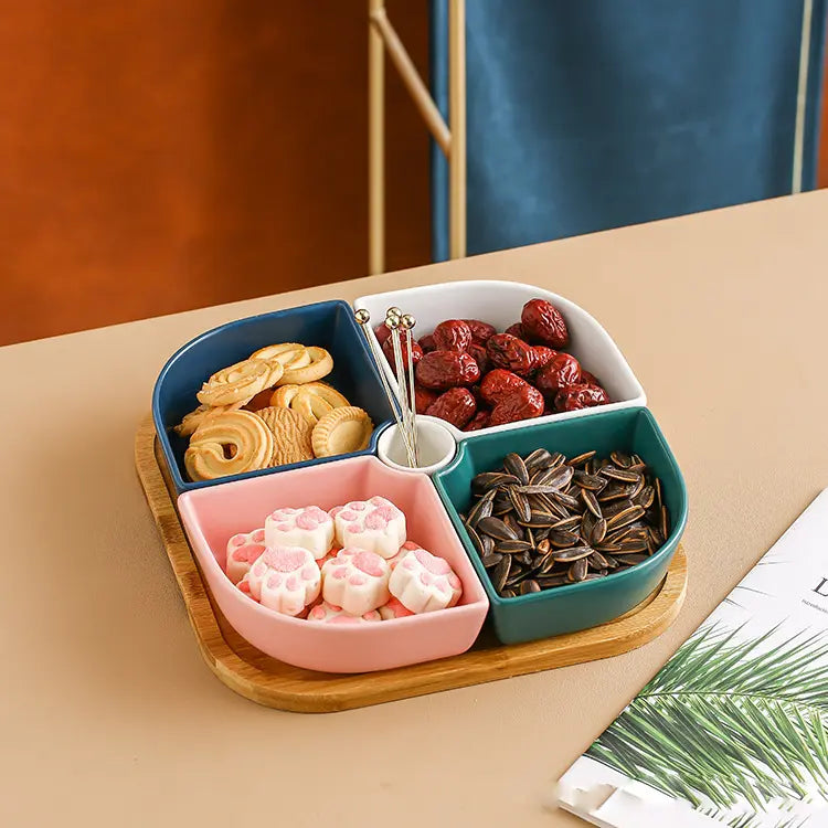 Creative Shaped Ceramic Snack Plate with Bamboo Plate