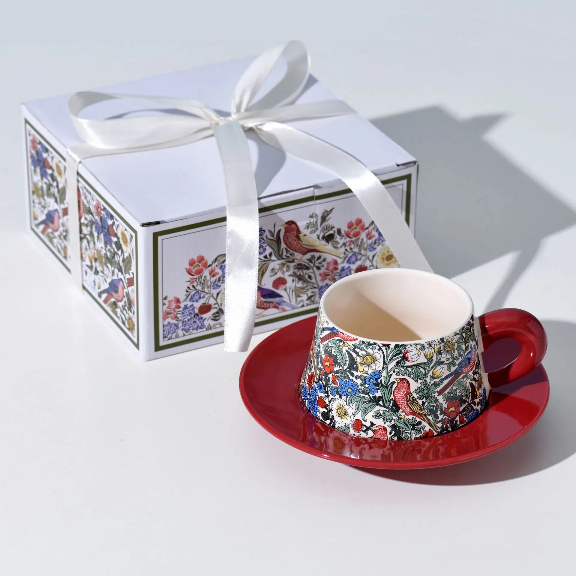 Morris Style Retro Flower & Bird Coffee Cup and Saucer – Designer Gift Set for Special Occasions
