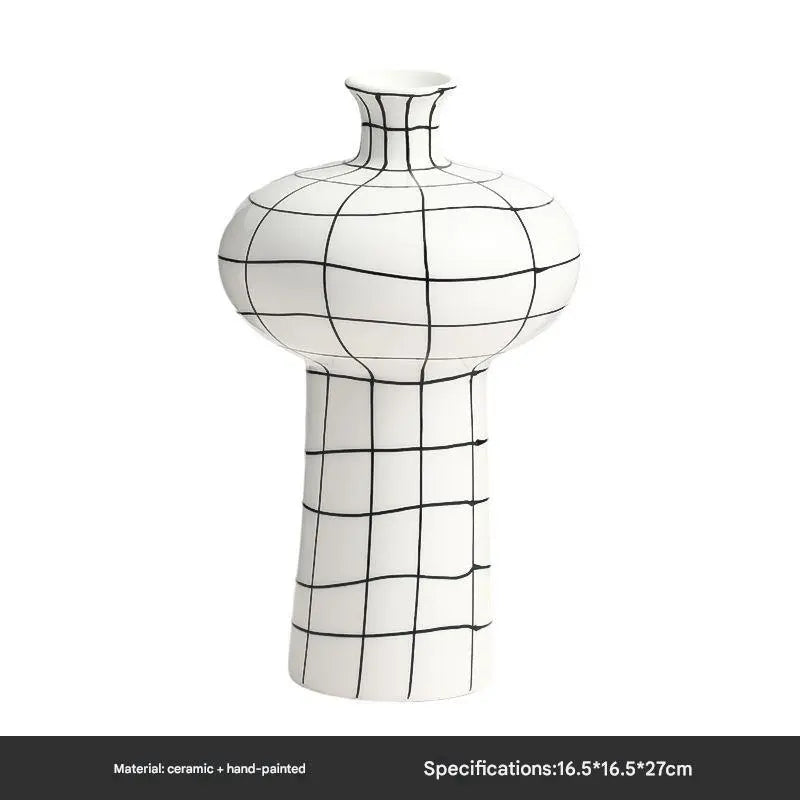Hand-Painted Grid Vase – Geometric Line Design for Modern Interiors