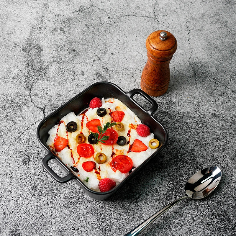 Japanese Creative Double Ear Ceramic Household Oven Tray Microwave Oven Baking Tray Cheese Baked Rice Tray Direction Matte Black Tray