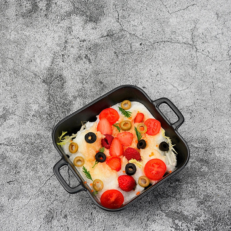 Japanese Creative Double Ear Ceramic Household Oven Tray Microwave Oven Baking Tray Cheese Baked Rice Tray Direction Matte Black Tray