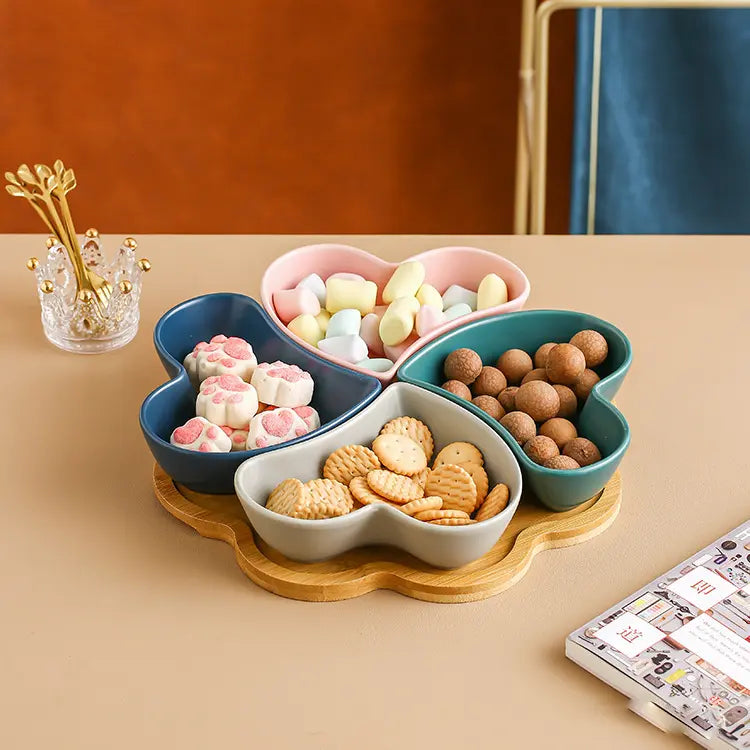Creative Shaped Ceramic Snack Plate with Bamboo Plate