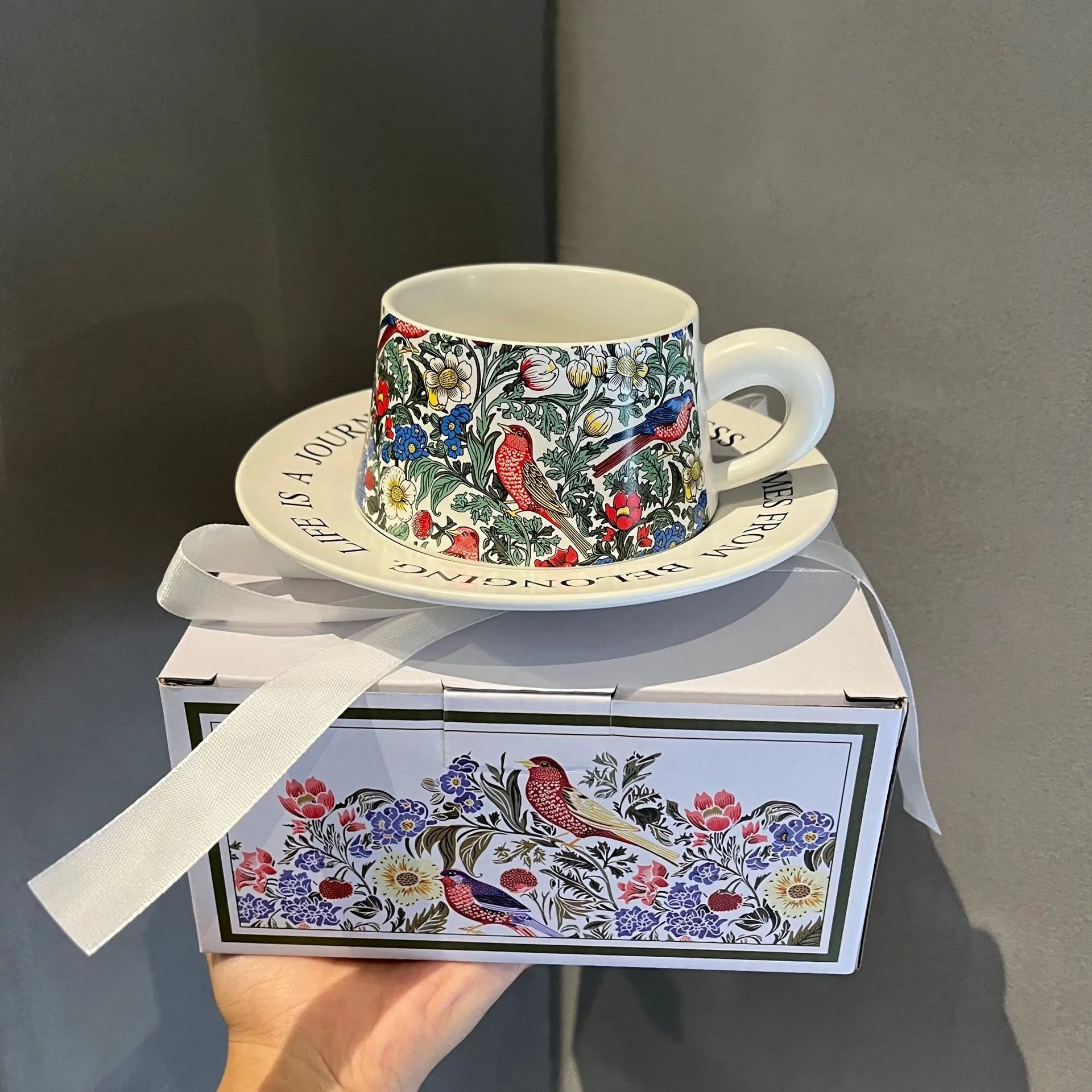 Morris Style Retro Flower & Bird Coffee Cup and Saucer – Designer Gift Set for Special Occasions