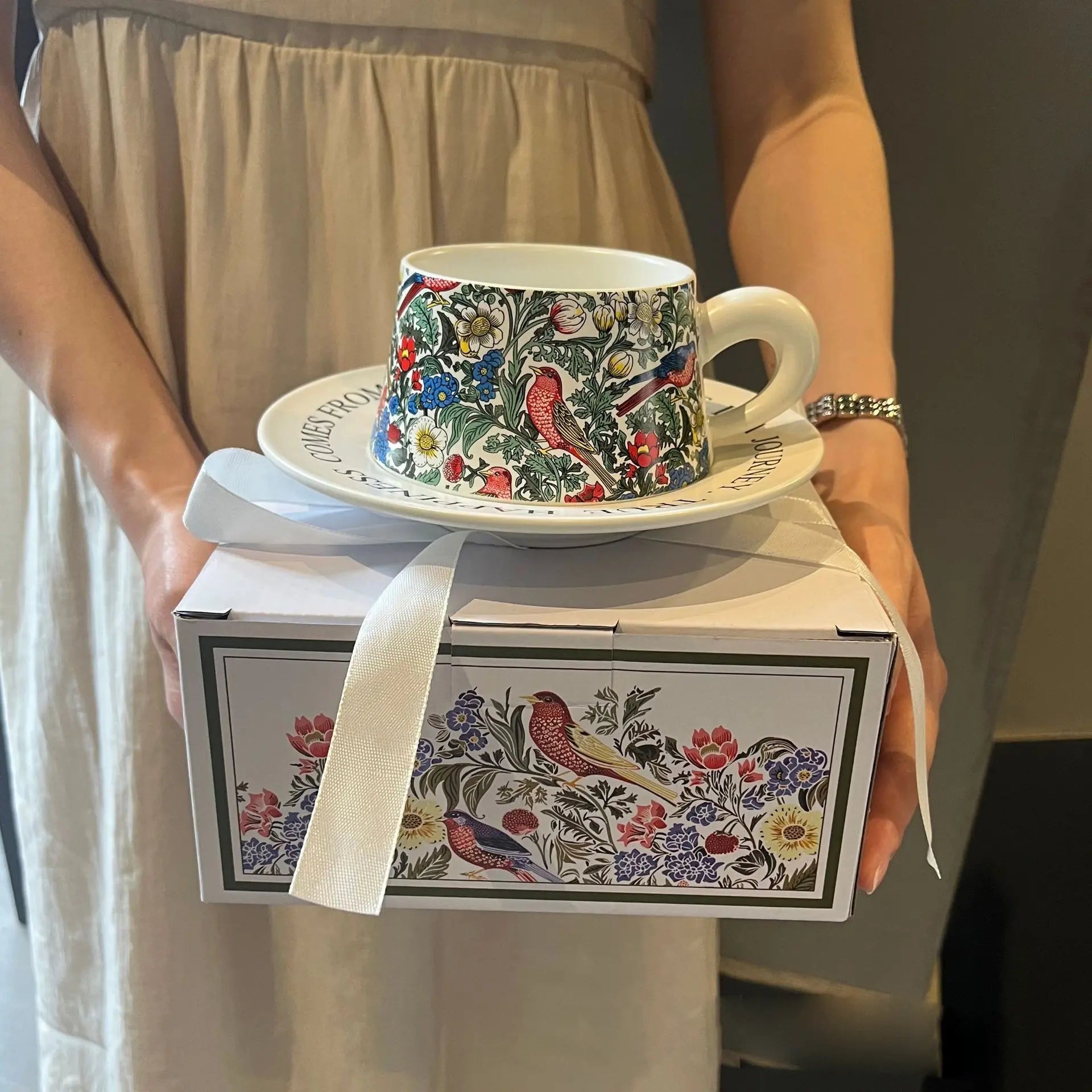 Morris Style Retro Flower & Bird Coffee Cup and Saucer – Designer Gift Set for Special Occasions