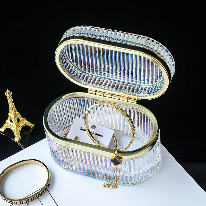 Jewelry Display Embossed Transparent Glass Storage Box – Dust-Proof Lid
