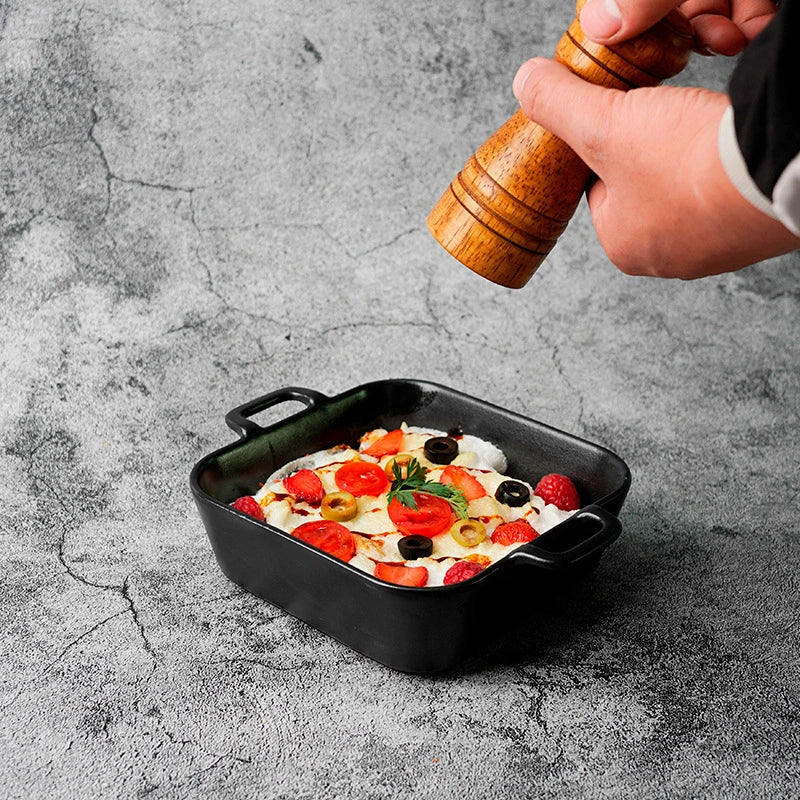Japanese Creative Double Ear Ceramic Household Oven Tray Microwave Oven Baking Tray Cheese Baked Rice Tray Direction Matte Black Tray