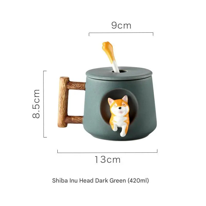 3D Cartoon Shiba Inu Ceramic Mug with Cover Spoon and Gift Box