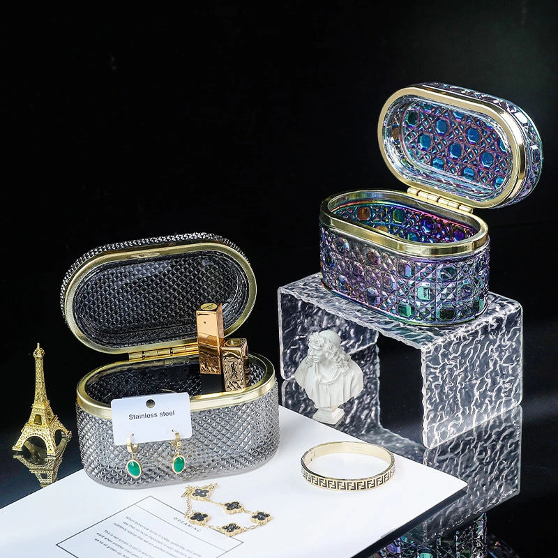 Jewelry Display Embossed Transparent Glass Storage Box – Dust-Proof Lid