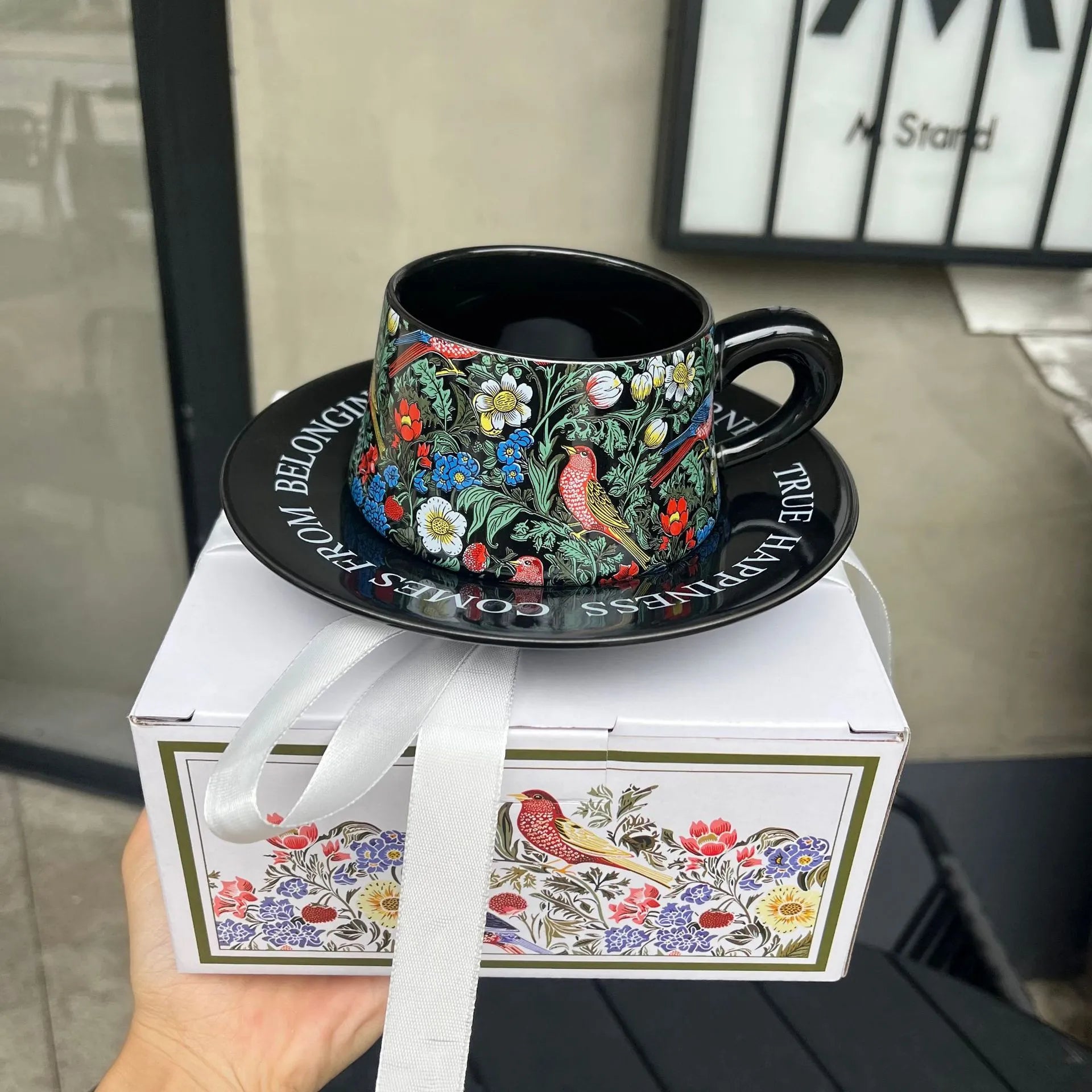 Morris Style Retro Flower & Bird Coffee Cup and Saucer – Designer Gift Set for Special Occasions