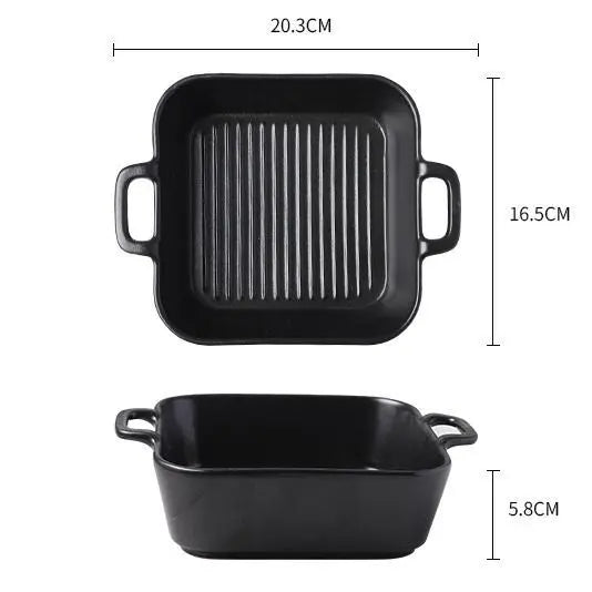 Japanese Creative Double Ear Ceramic Household Oven Tray Microwave Oven Baking Tray Cheese Baked Rice Tray Direction Matte Black Tray