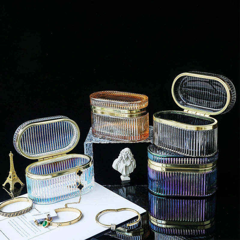 Jewelry Display Embossed Transparent Glass Storage Box – Dust-Proof Lid
