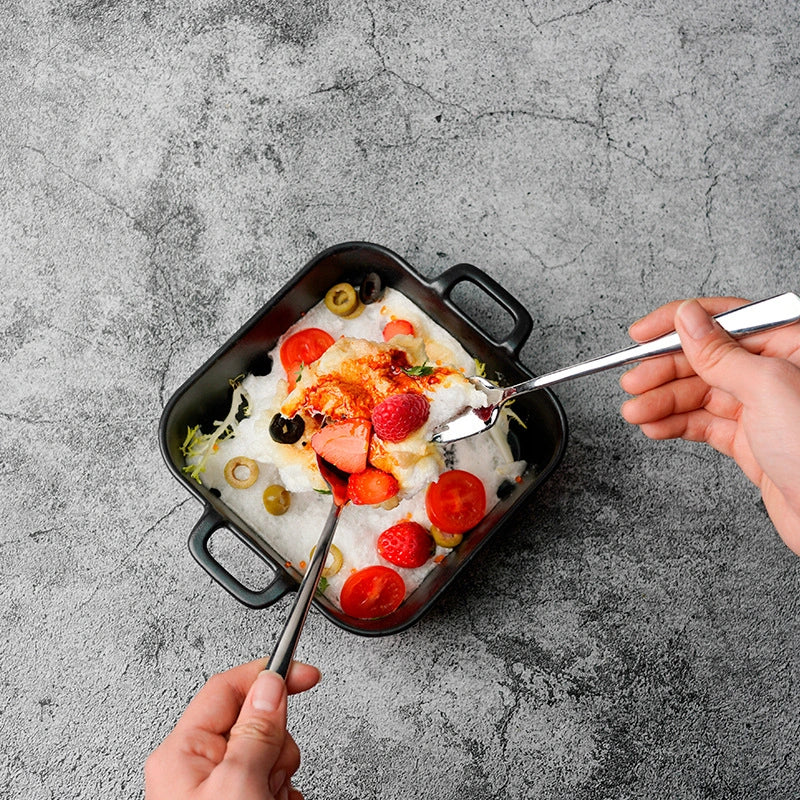 Japanese Creative Double Ear Ceramic Household Oven Tray Microwave Oven Baking Tray Cheese Baked Rice Tray Direction Matte Black Tray