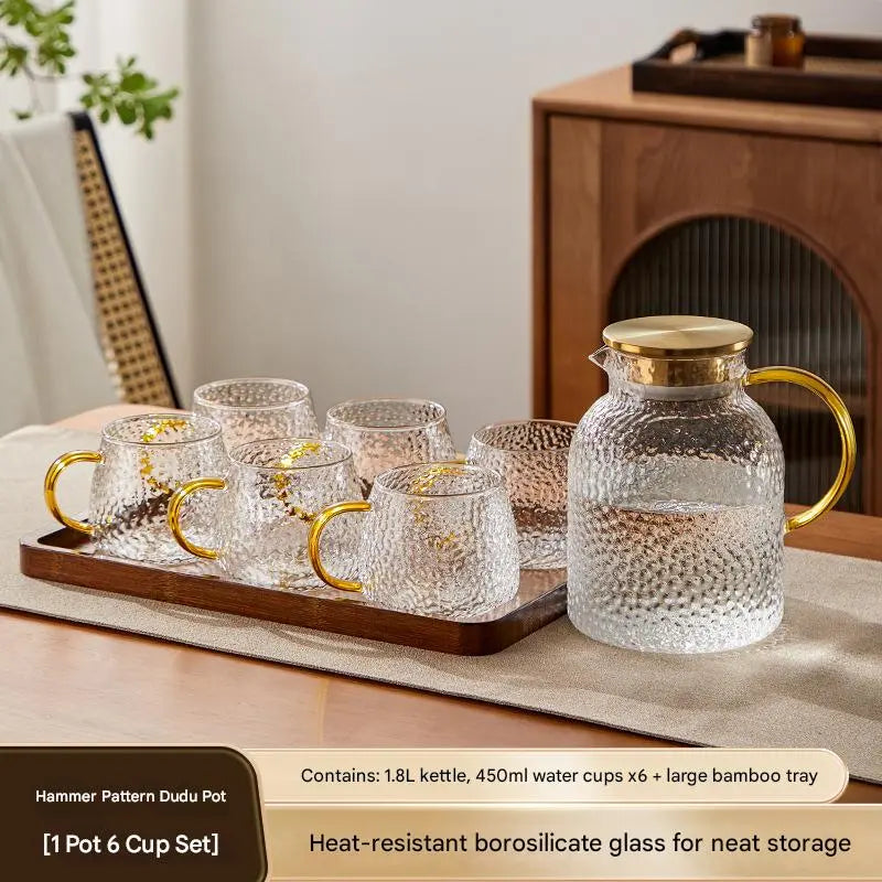 Large Dudu kettle + 6 Hammered Cups + Bamboo Tray