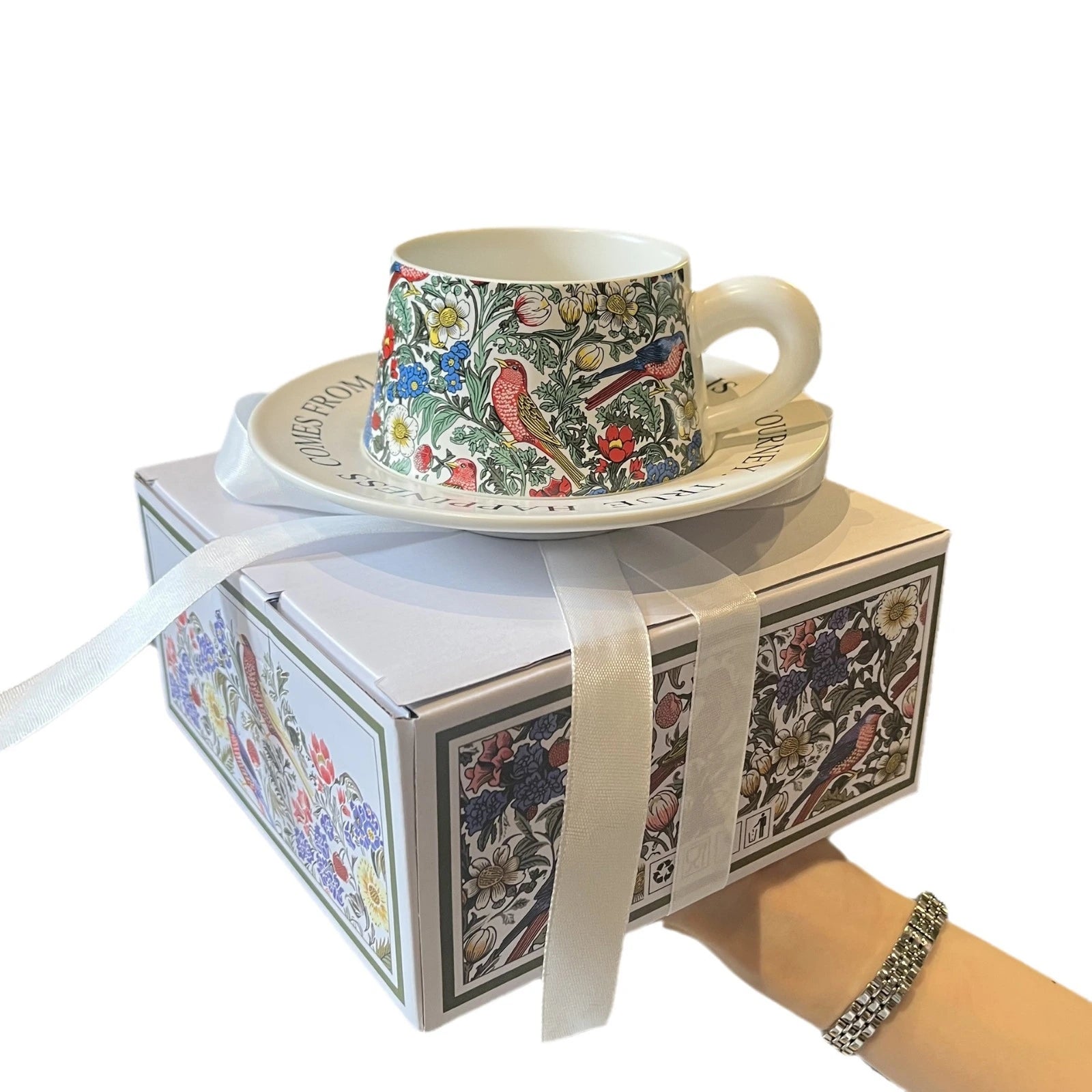 Morris Style Retro Flower & Bird Coffee Cup and Saucer – Designer Gift Set for Special Occasions