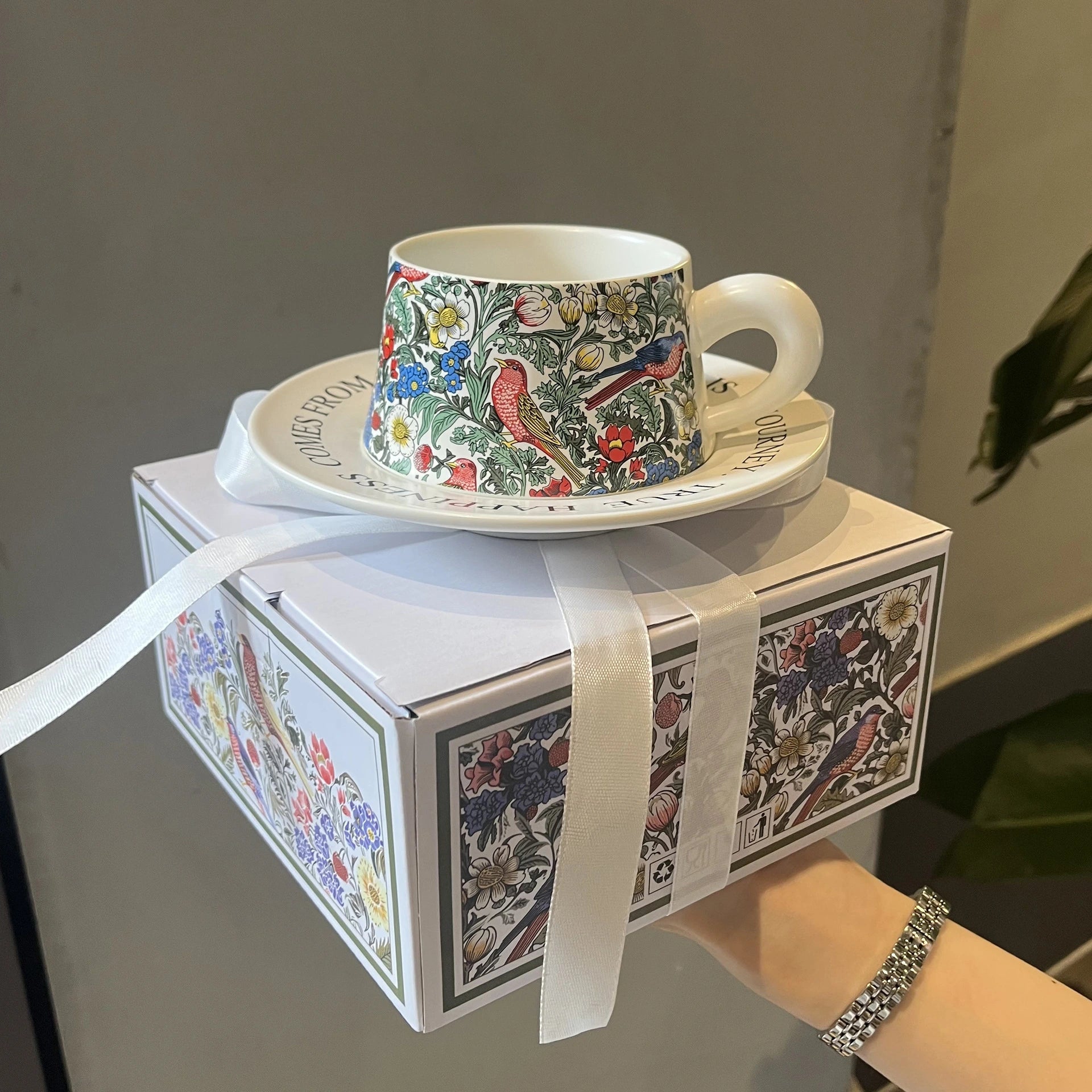 Morris Style Retro Flower & Bird Coffee Cup and Saucer – Designer Gift Set for Special Occasions