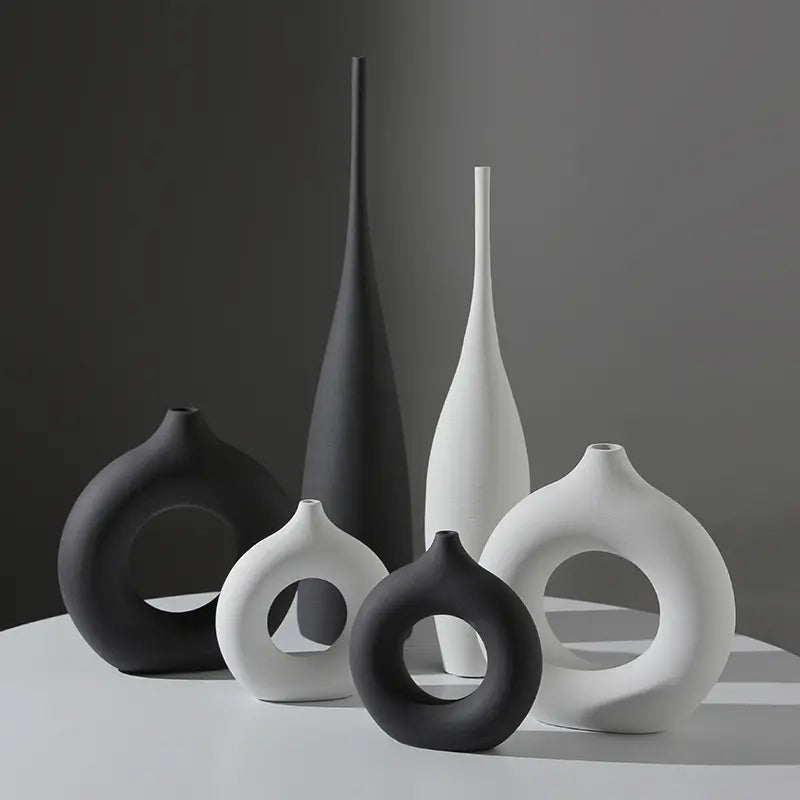 White Black Ceramic Vase Set, Modern Minimalist Ornaments