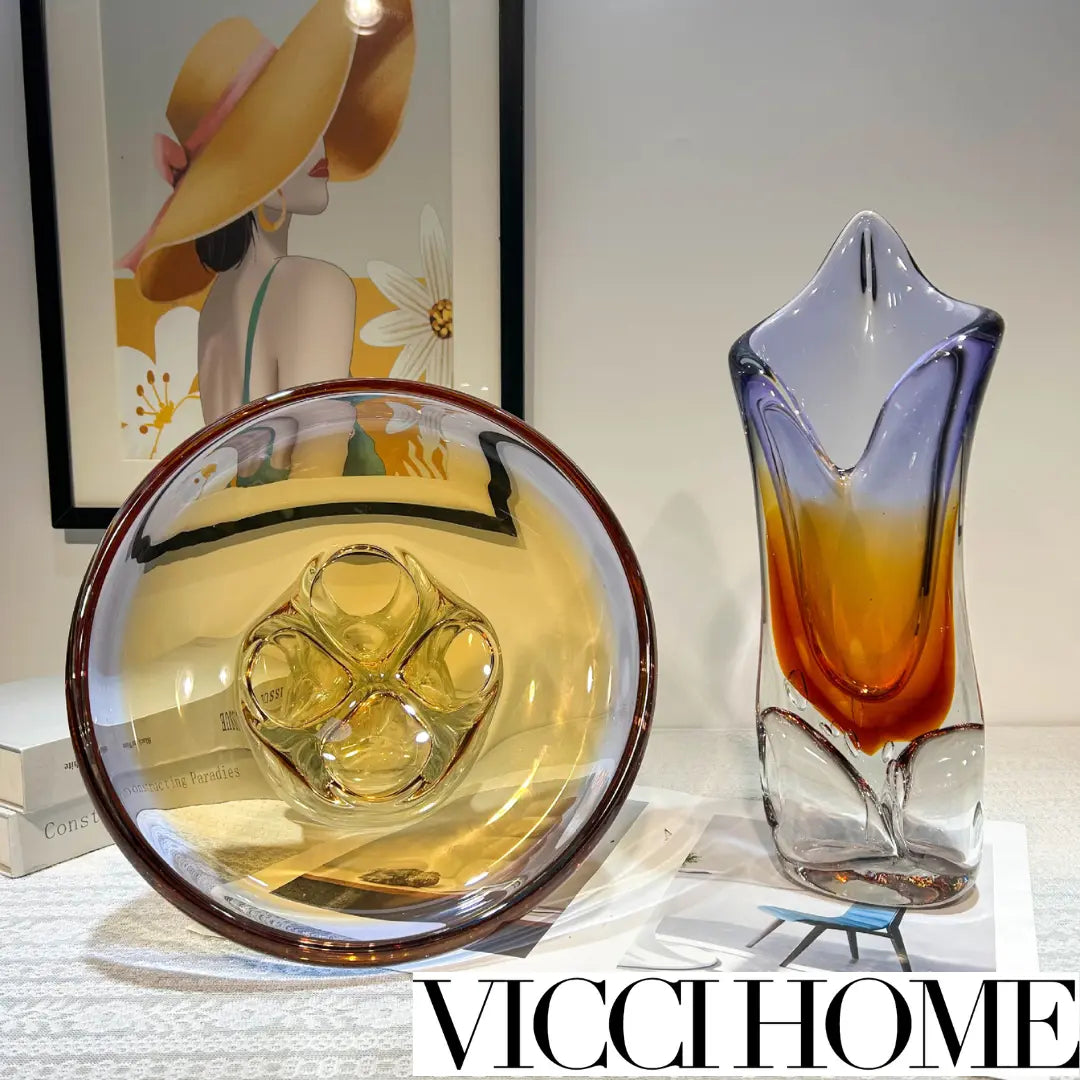 Sand Blowing Light Luxury Hollow Craft Glass Vase & Handmade Fruit Plate – High-End Elegance